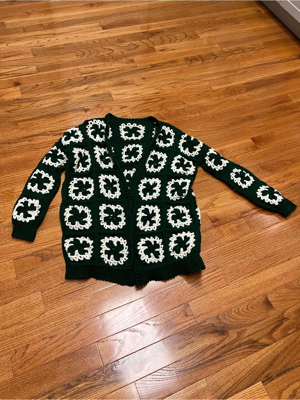 Green and Cream Crochet Granny Square Cardigan Sweater